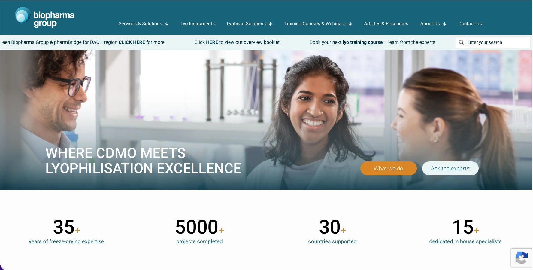 Biopharma Group CDMO website shown on a desktop screen